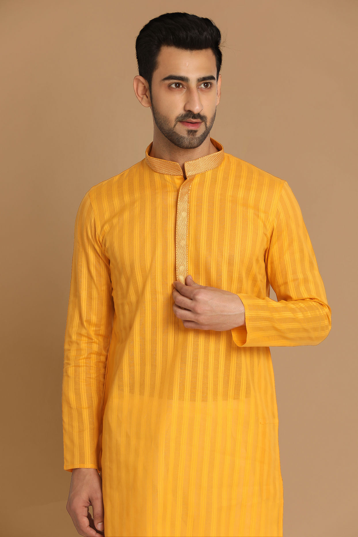 alt message - Manyavar Men Orange Striped Casual Kurta Set image number 0