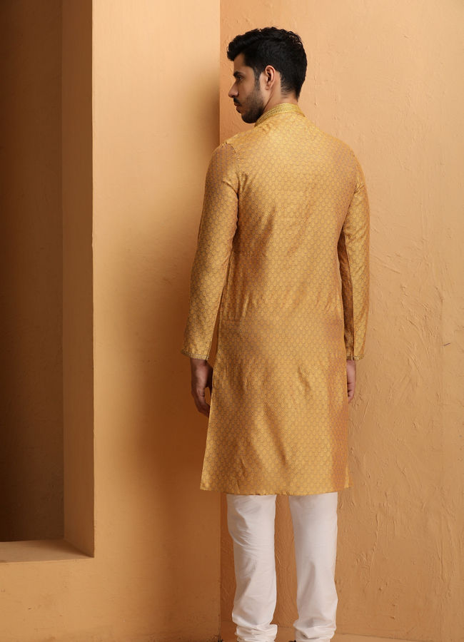 Manyavar Men Mustard Self Design Kurta Set