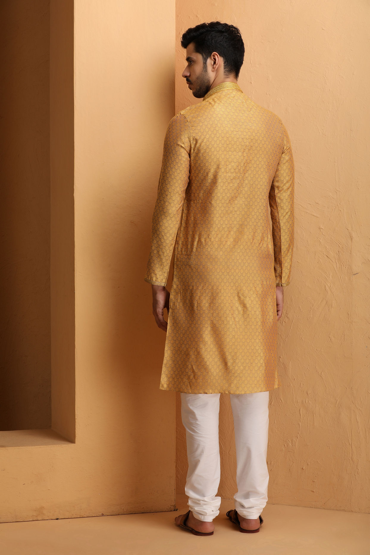 Manyavar Men Mustard Self Design Kurta Set