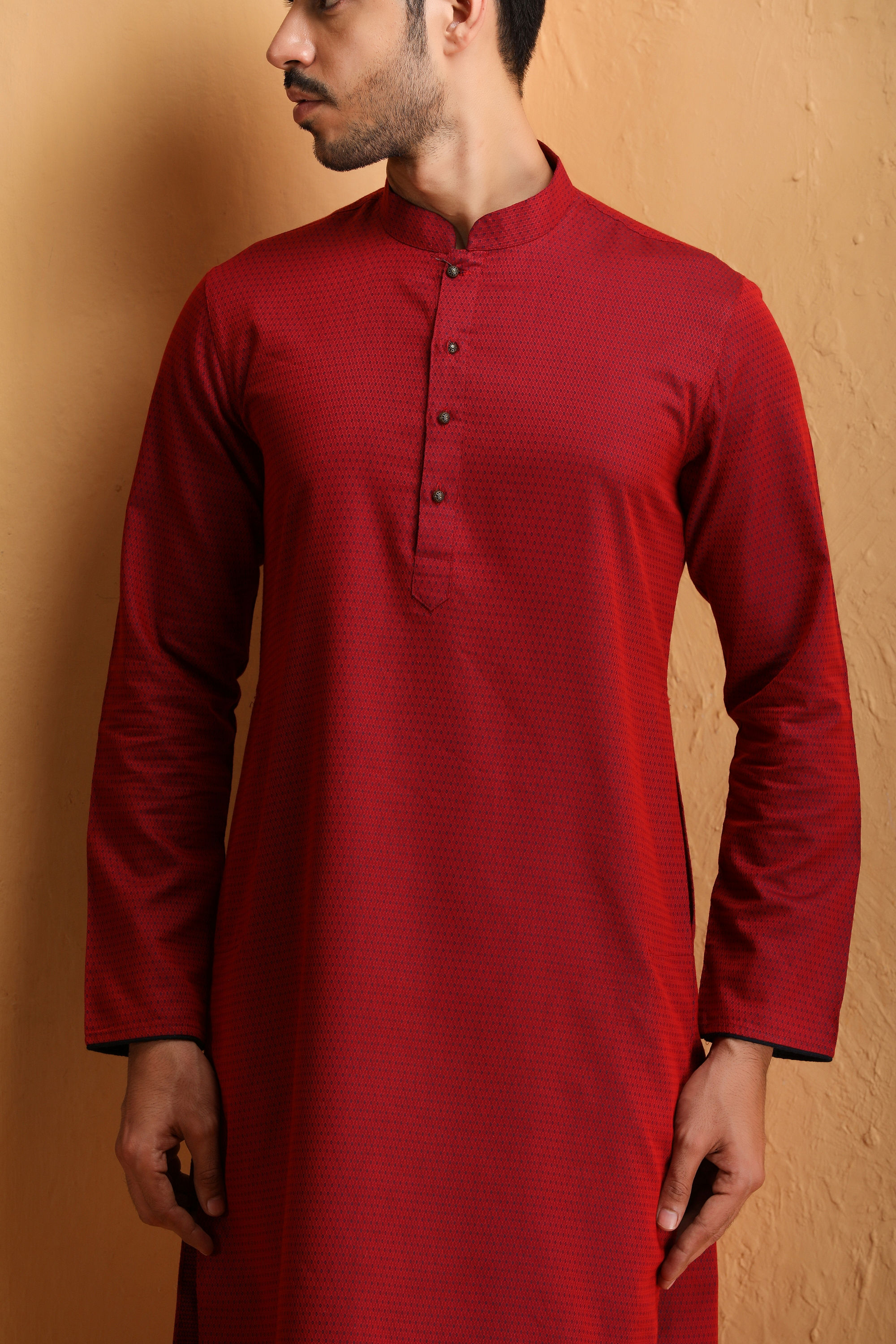 Manyavar Men Maroon Self Embroidered Kurta Set