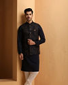 alt message - Manyavar Men Dark Blue Floral Design Kurta Jacket Set image number 0