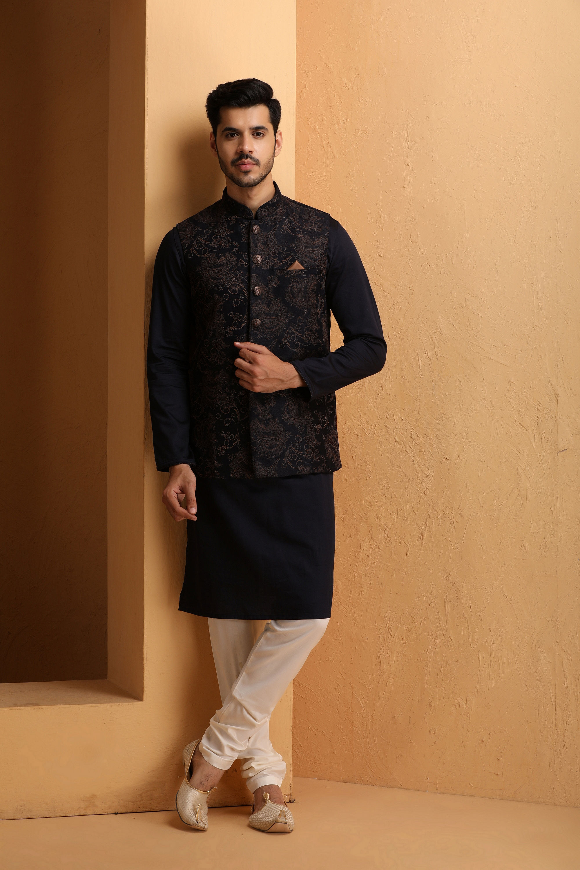 Manyavar Men Dark Blue Floral Design Kurta Jacket Set