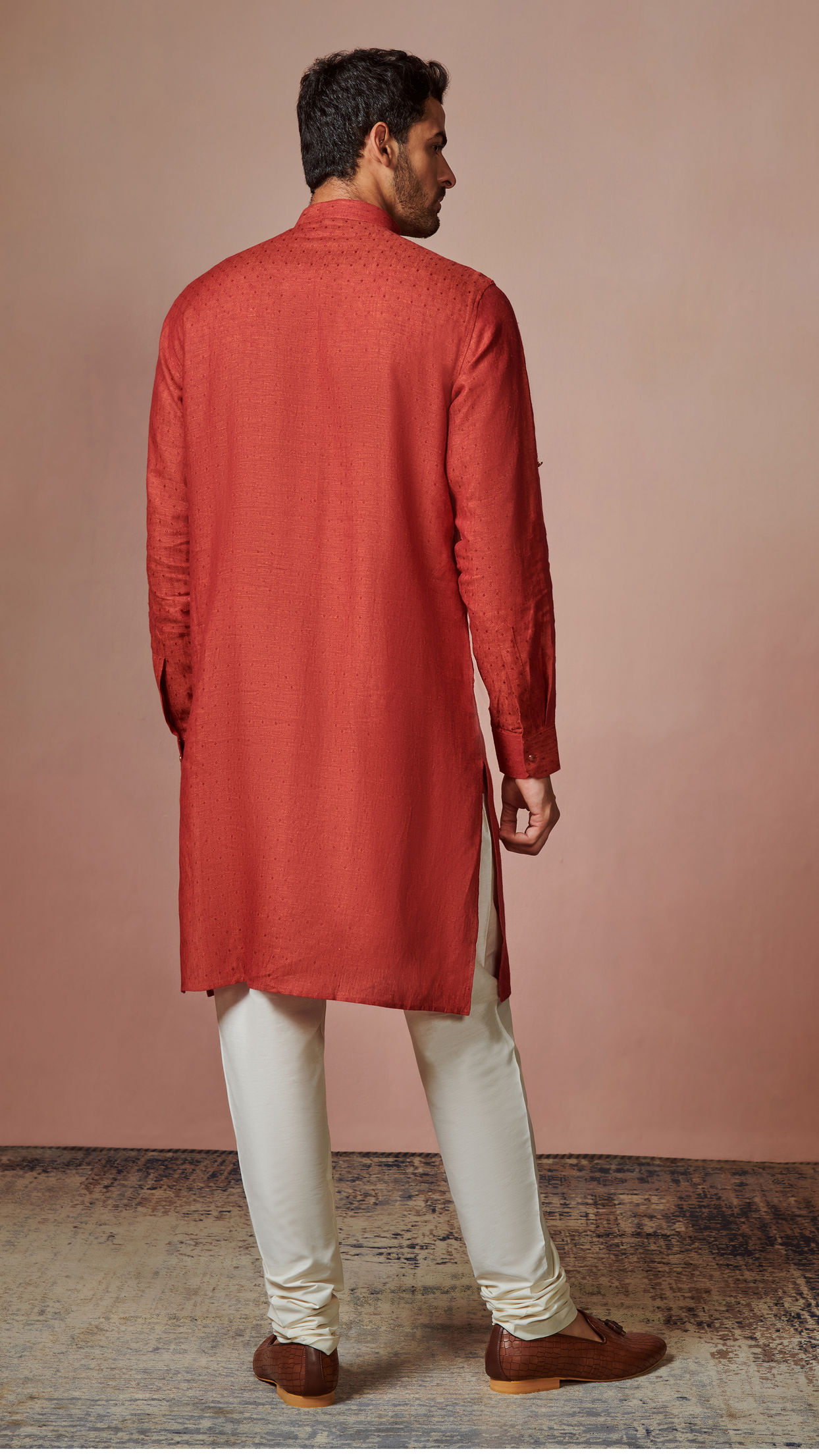 Manyavar Men Rust Red Self Design Kurta