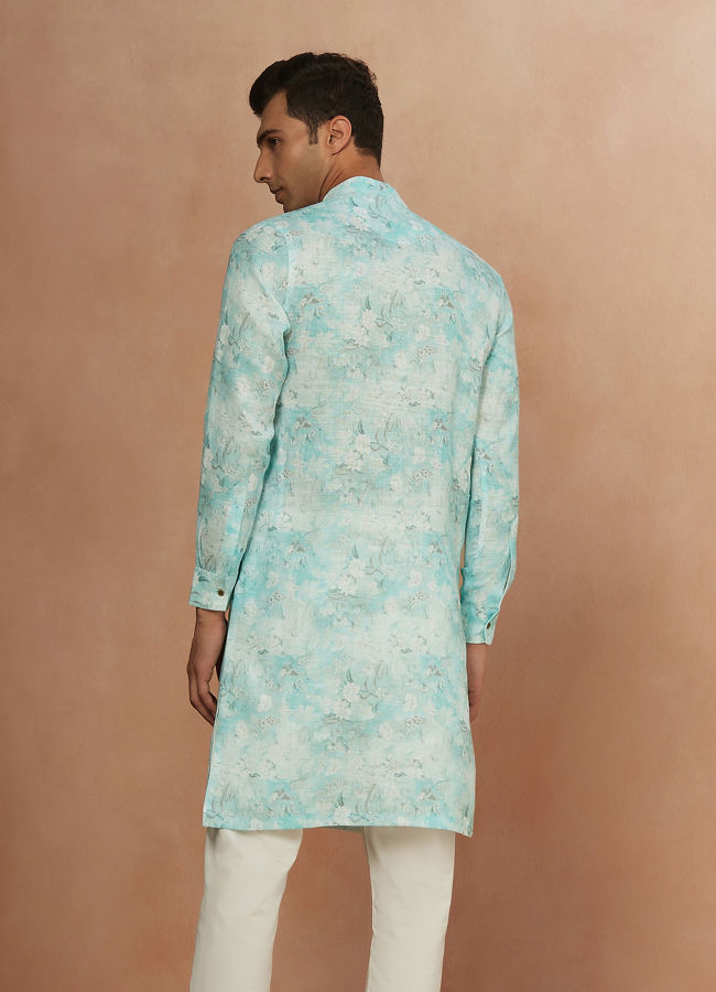 Manyavar Men Aqua Green Floral Print Kurta