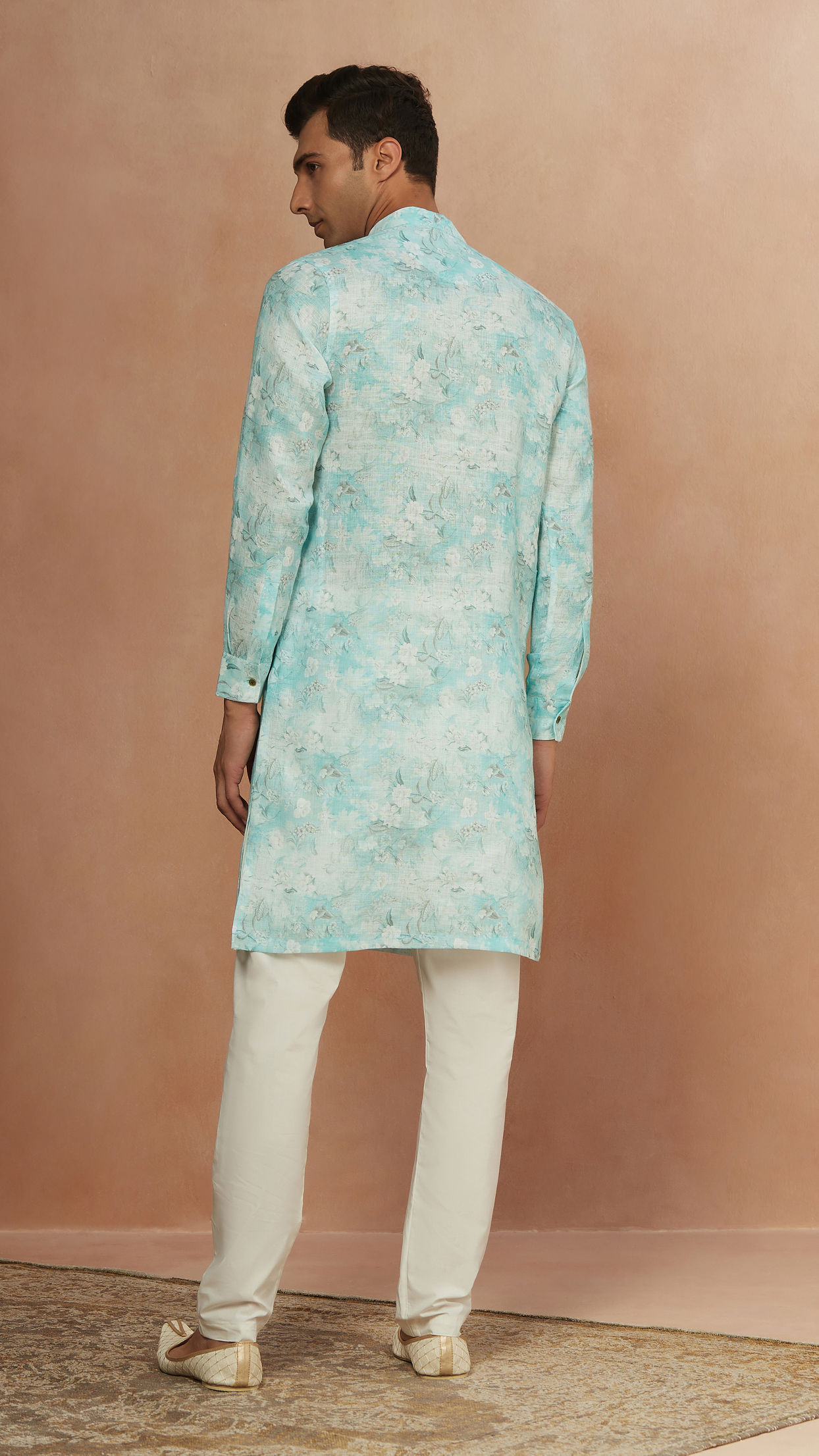 Manyavar Men Aqua Green Floral Print Kurta