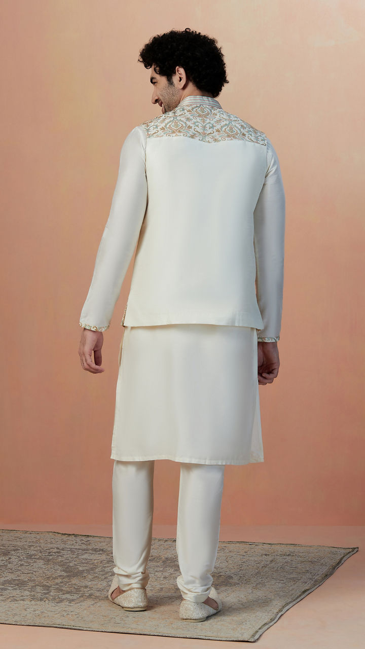 Manyavar Men Light Cream Self Design Kurta Jacket Set