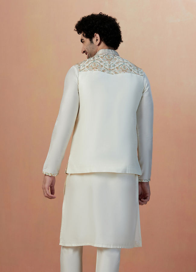 Manyavar Men Light Cream Self Design Kurta Jacket Set
