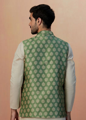 alt message - Manyavar Men Sage Green Jacket With Golden Motifs image number 2