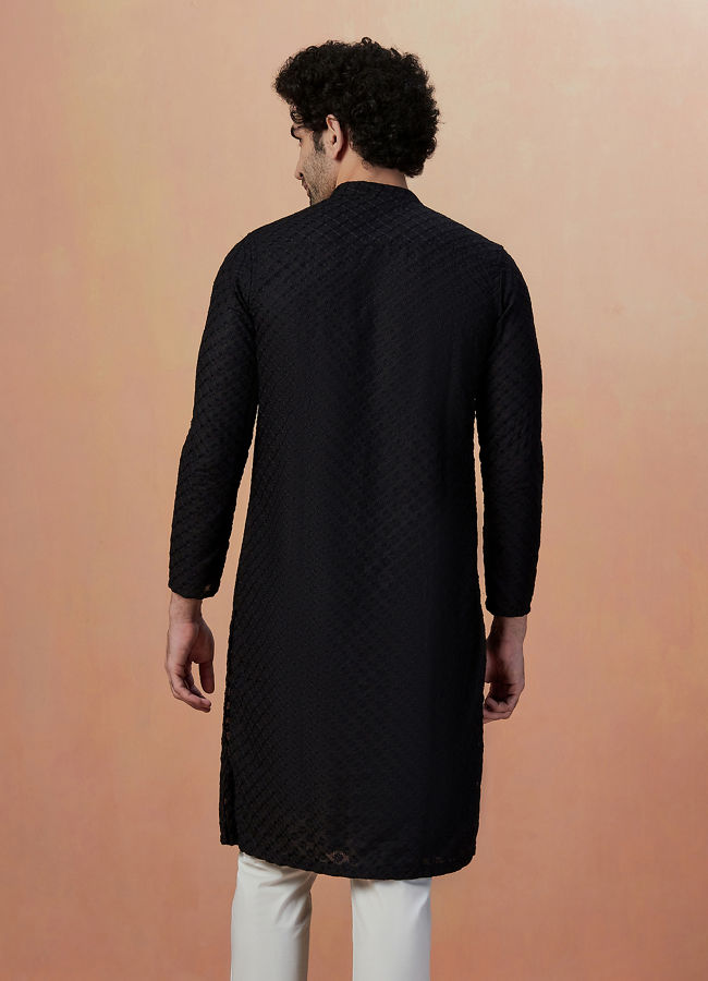 Manyavar Men Black Chikankari Embroidered Kurta Pajama