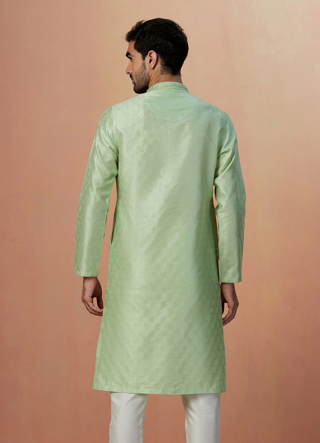 alt message - Manyavar Men Light Green Paisley Kurta Pajama image number 4