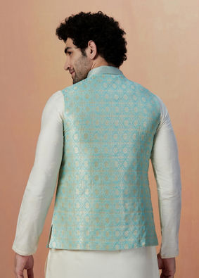 alt message - Manyavar Men Teal Jacket With Golden Motifs image number 2