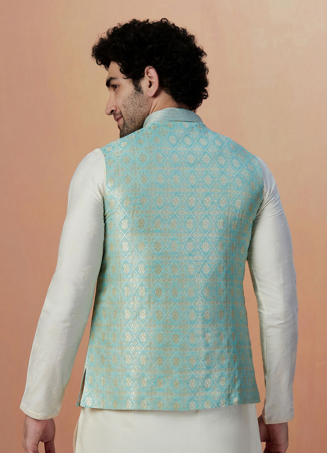 alt message - Manyavar Men Teal Jacket With Golden Motifs image number 2