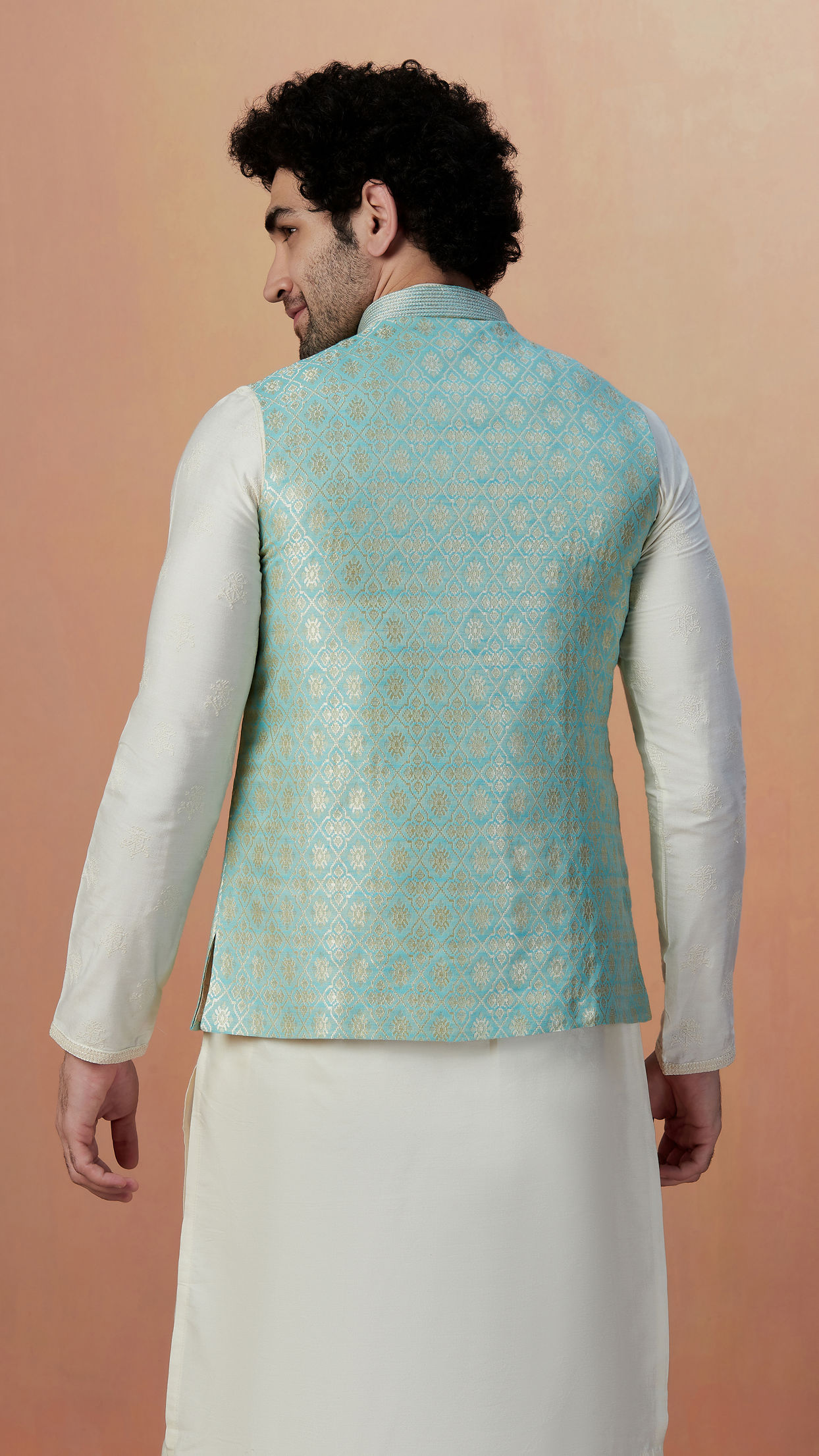 alt message - Manyavar Men Teal Jacket With Golden Motifs image number 2