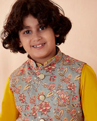 Manyavar Boys Boys Grey And Yellow Kurta Jacket Set