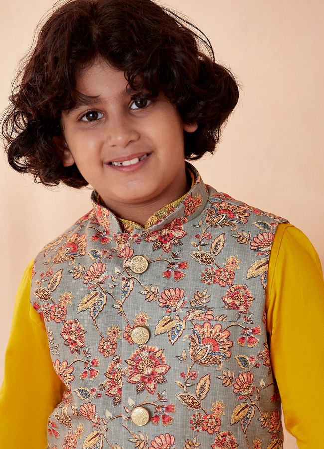 Boys Grey And Yellow Kurta Jacket Set image number 0