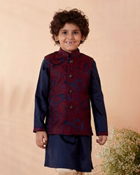 Manyavar Boys Boys Wine And Navy Blue Kurta Jacket Set