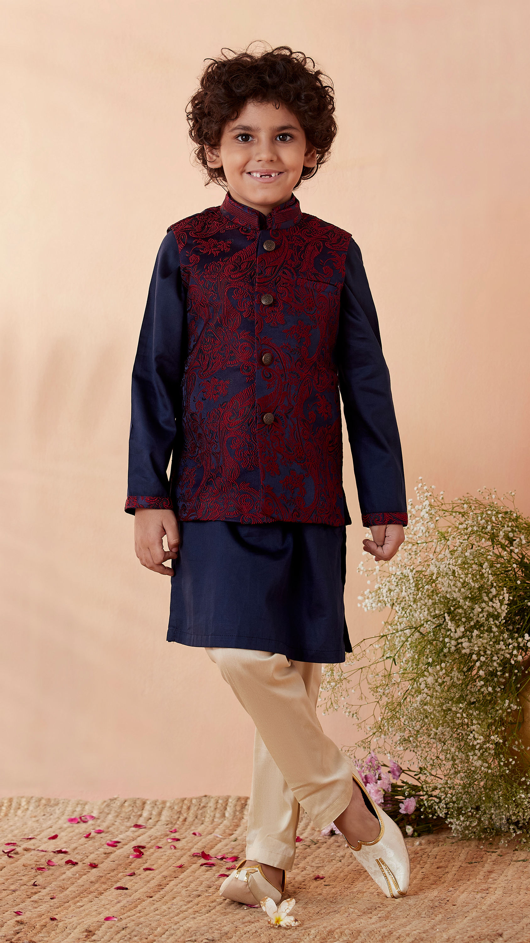 Manyavar Boys Boys Wine And Navy Blue Kurta Jacket Set