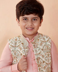 Manyavar Boys Boys Cream Jacket With Peach Kurta Set