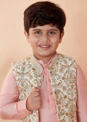 Boys Cream Jacket With Peach Kurta Set image number 5