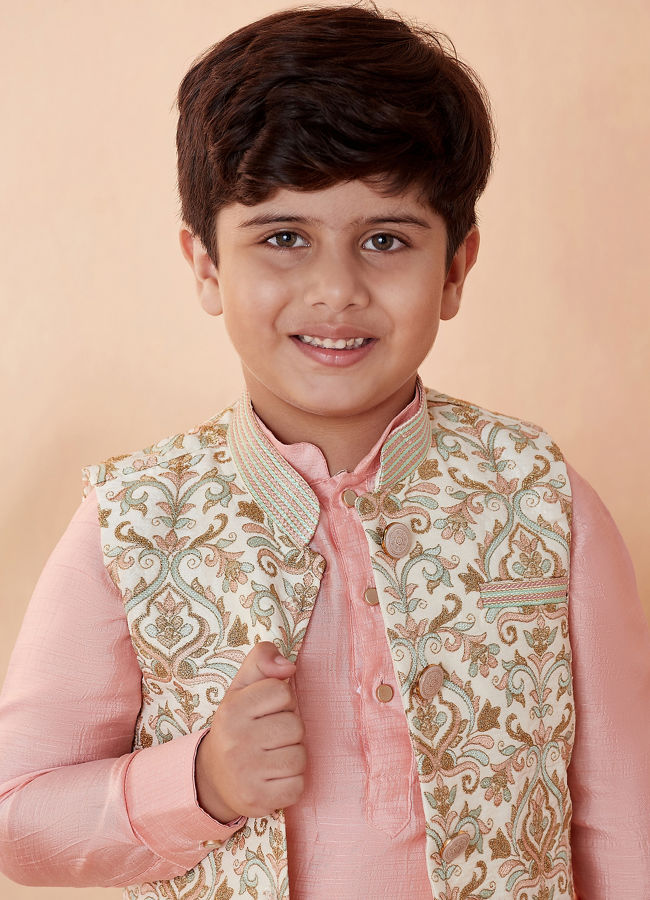 Boys Cream Jacket With Peach Kurta Set image number 0