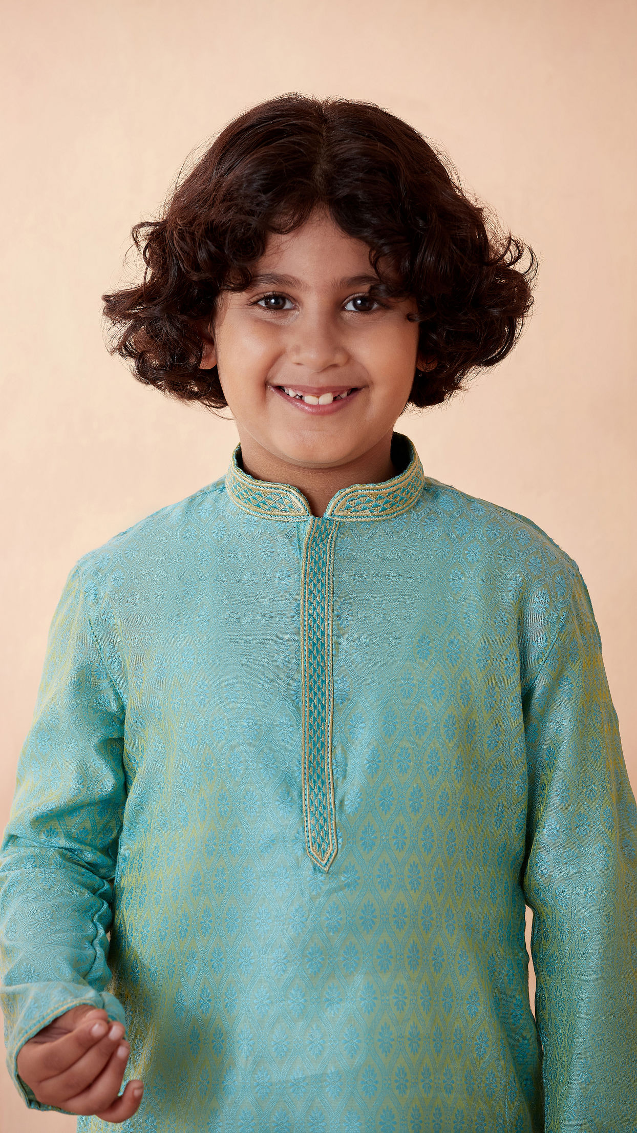 Manyavar Boys Boys Jade Blue Jacquard Kurta Set