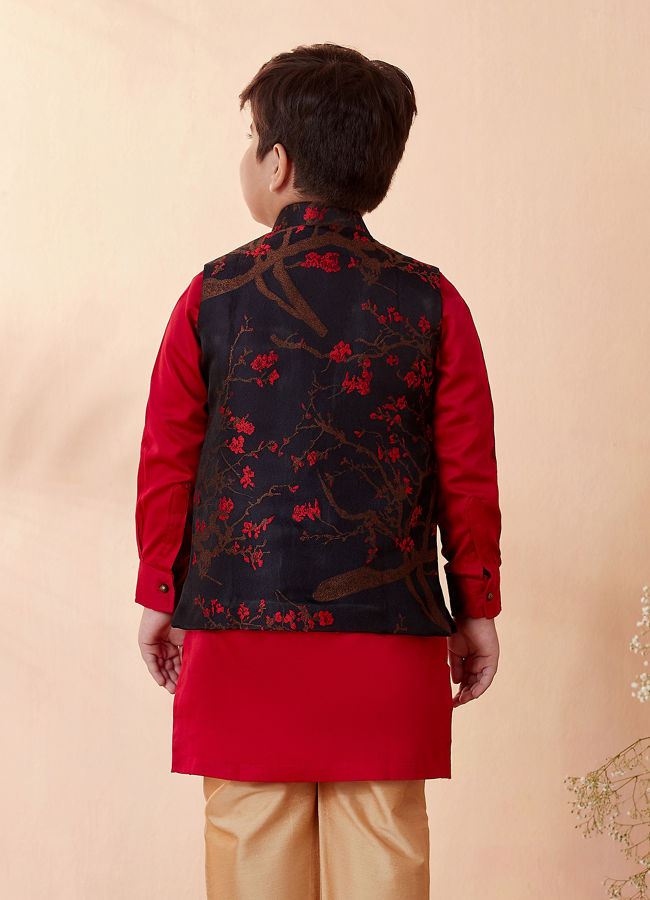 Manyavar Boys Boys Red And Blue Kurta Jacket Set
