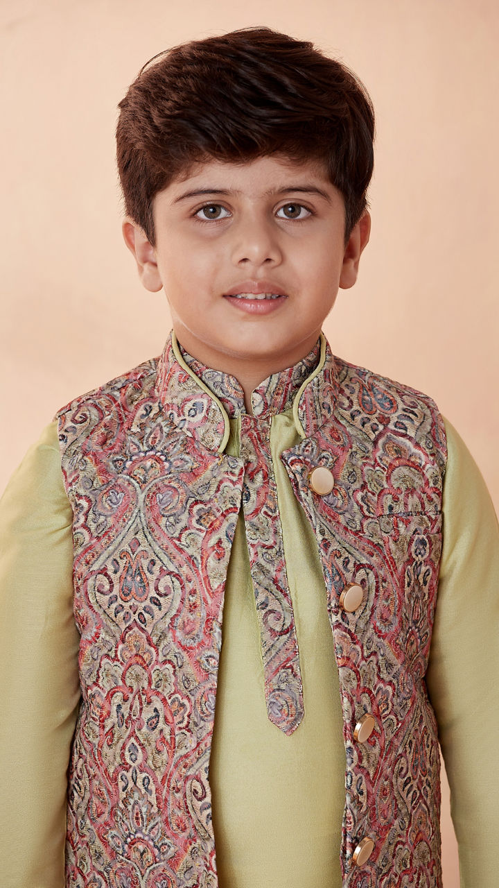 Manyavar Boys Boys Multicoloured Jacket With Light Green Kurta Set