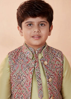 alt message - Manyavar Boys Boys Multicoloured Jacket With Light Green Kurta Set image number 0