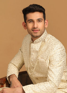 alt message - Manyavar Men Quintessential Cream Sherwani image number 0