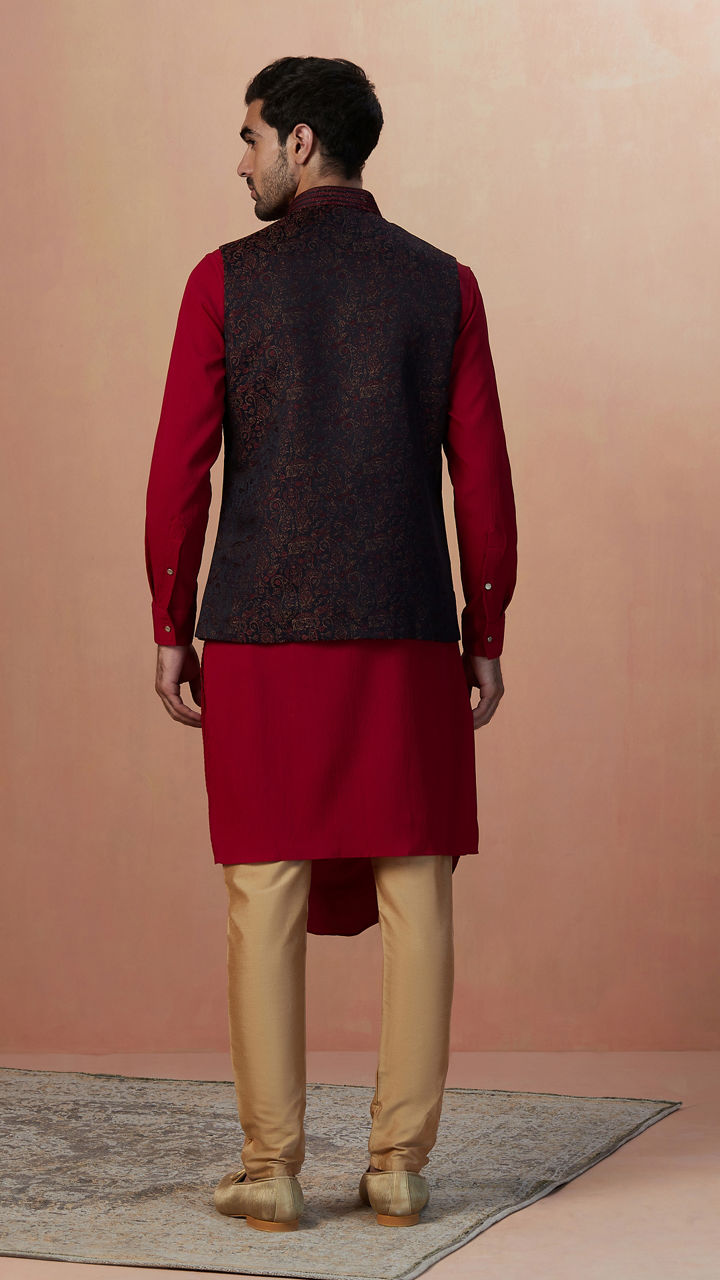 Manyavar Men Black Paisley Jacket With Red Draped Kurta Set