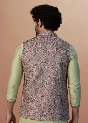 Manyavar Men Multicolored Jacket With Lime Green Kurta Set image number 3