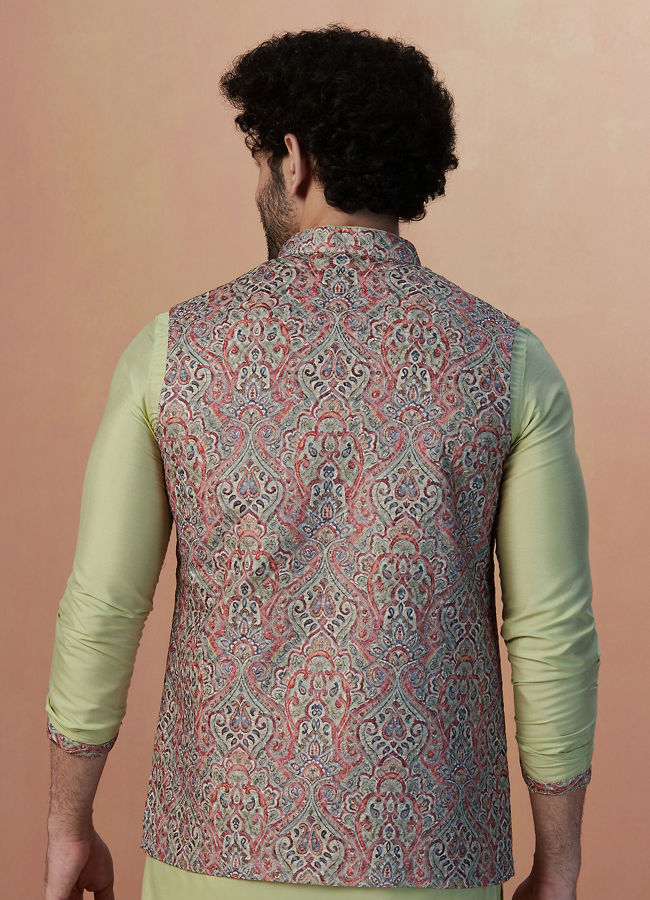 alt message - Manyavar Men Multicolored Jacket With Lime Green Kurta Set image number 3