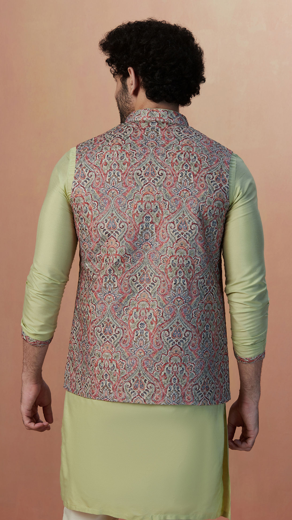 alt message - Manyavar Men Multicolored Jacket With Lime Green Kurta Set image number 3