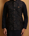 alt message - Manyavar Men Dark Blue Floral Design Kurta Jacket Set image number 1