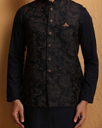 Manyavar Men Dark Blue Floral Design Kurta Jacket Set