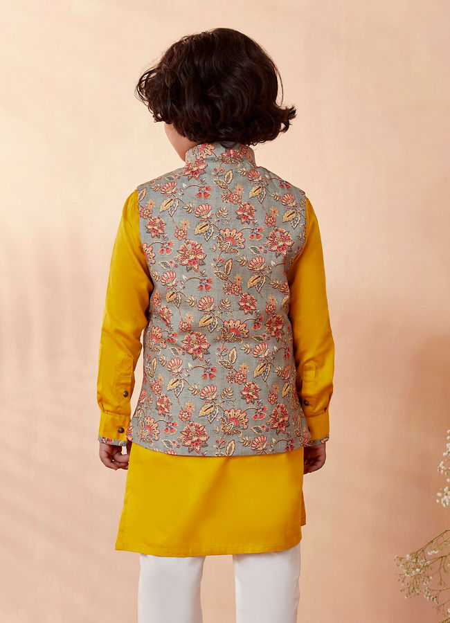 Manyavar Boys Boys Grey And Yellow Kurta Jacket Set