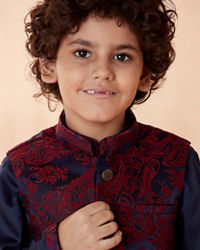 Manyavar Boys Boys Wine And Navy Blue Kurta Jacket Set