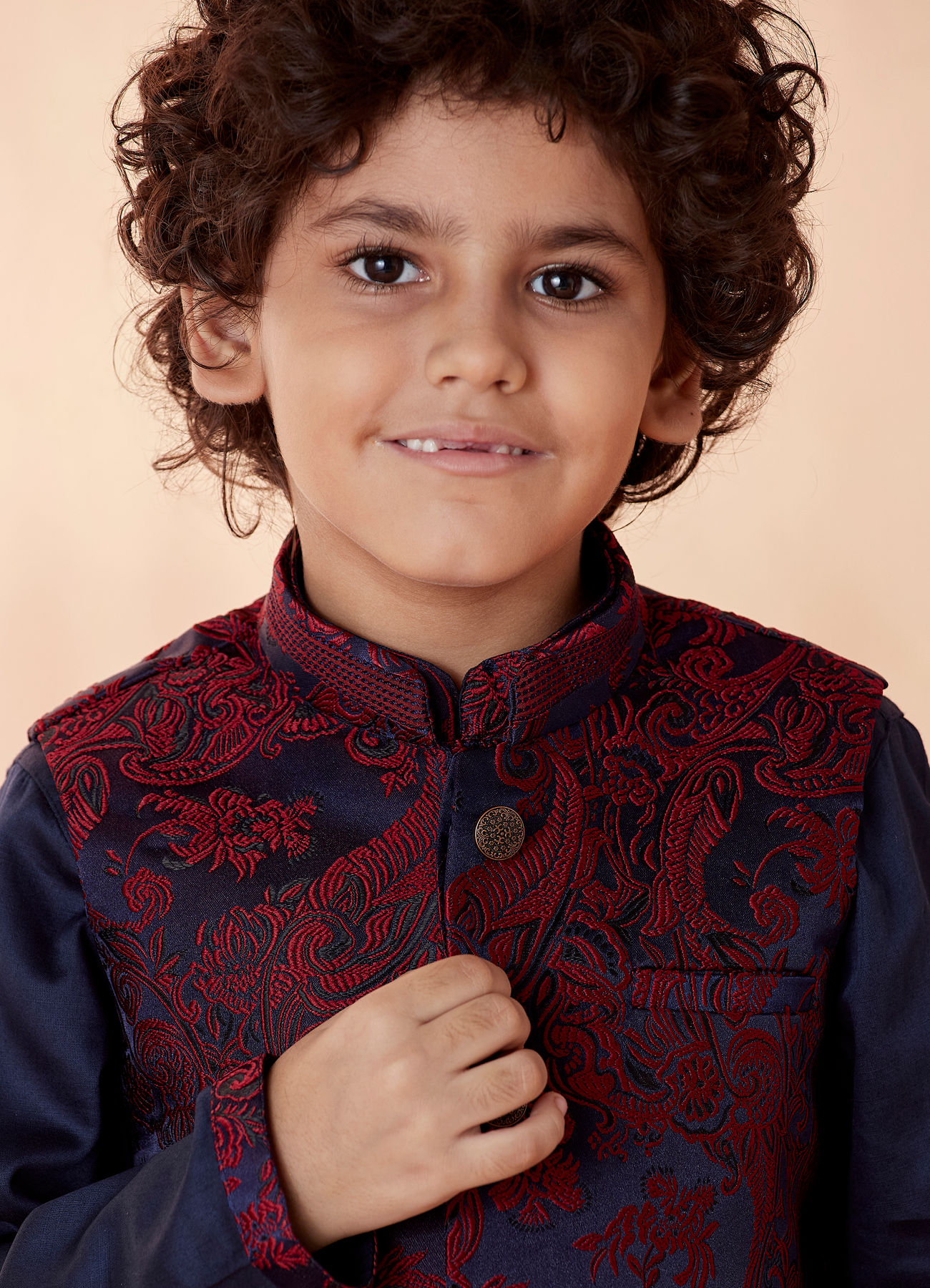 Manyavar Boys Boys Wine And Navy Blue Kurta Jacket Set