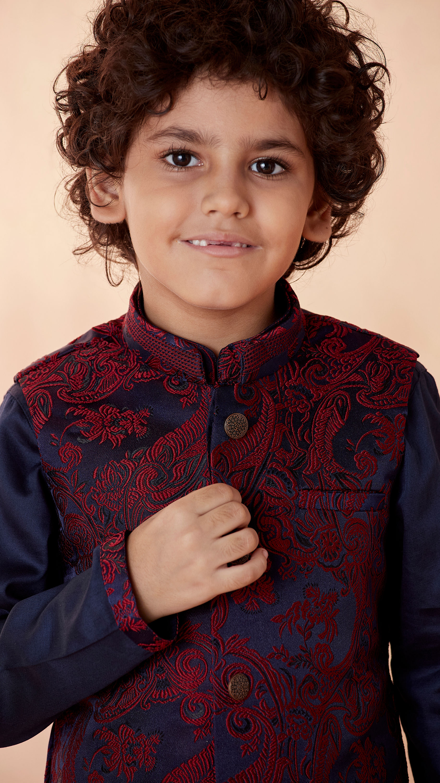 Manyavar Boys Boys Wine And Navy Blue Kurta Jacket Set