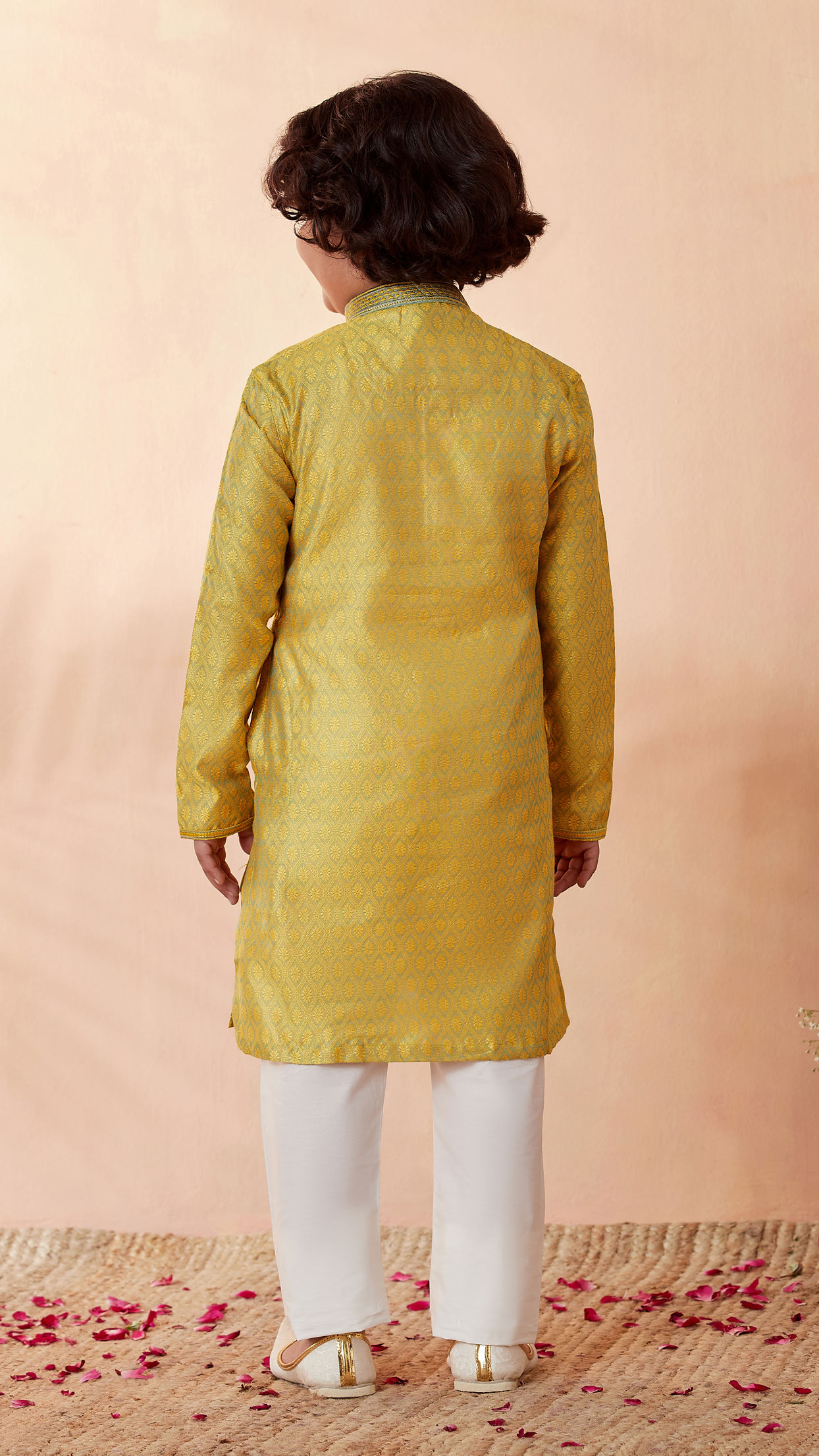 Boys Yellow Jacquard Kurta Set image number 2