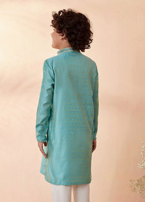 Boys Jade Blue Jacquard Kurta Set image number 6