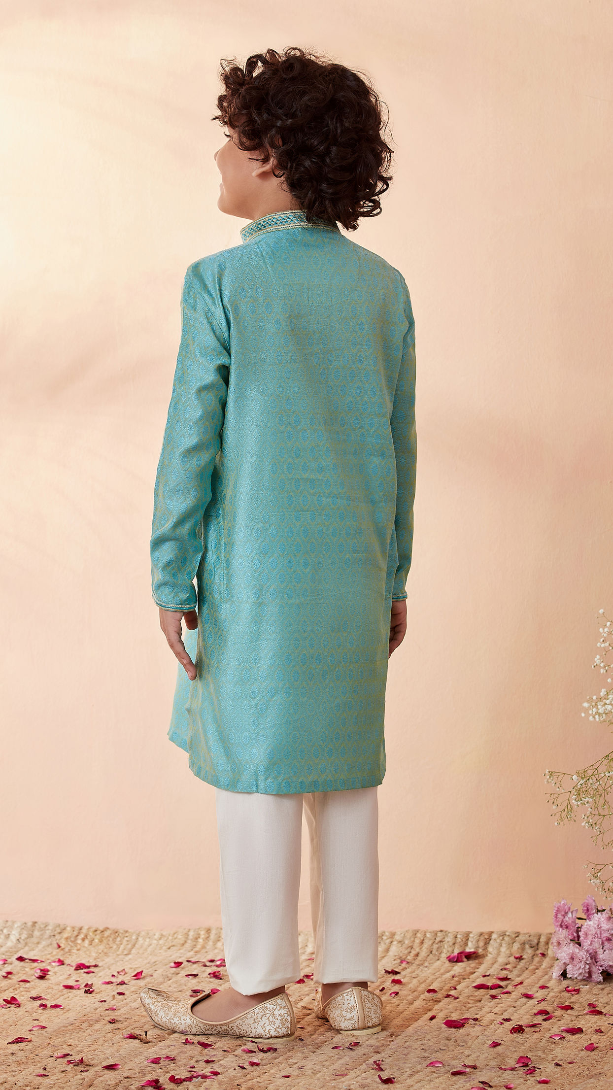 Boys Jade Blue Jacquard Kurta Set image number 2