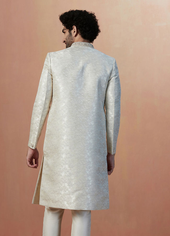 Manyavar Men Light Cream Self Design Sherwani