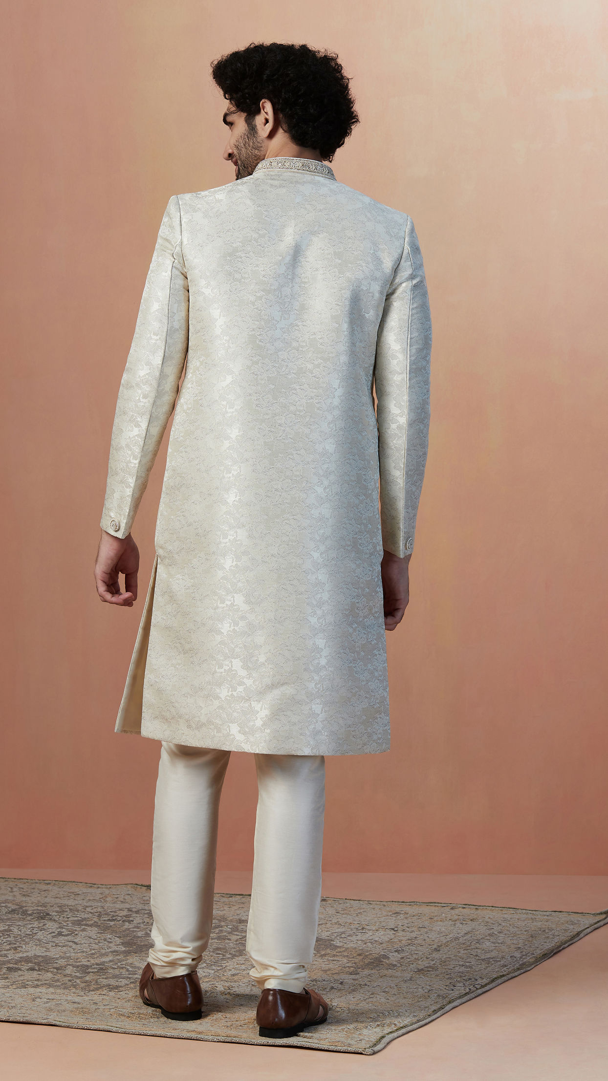 Manyavar Men Light Cream Self Design Sherwani