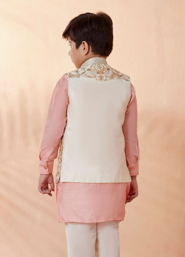 Boys Cream Jacket With Peach Kurta Set image number 3