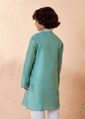 Boys Jade Blue Jacquard Kurta Set image number 7