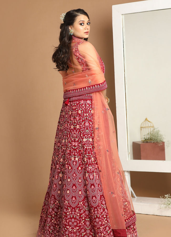 Mohey Women Georgette Wine Red Lehenga