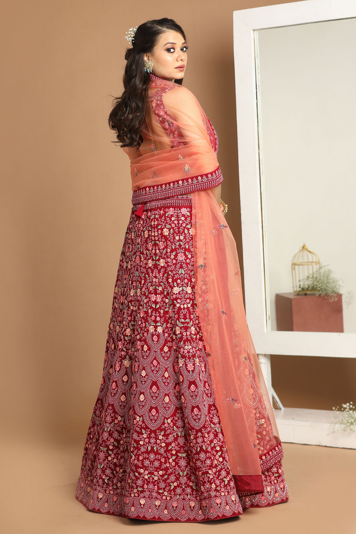 Mohey Women Georgette Wine Red Lehenga