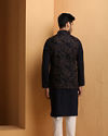 alt message - Manyavar Men Dark Blue Floral Design Kurta Jacket Set image number 3