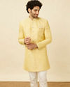 alt message - Manyavar Men Crayola Yellow Medallion Patterned Indo Western Set image number 0